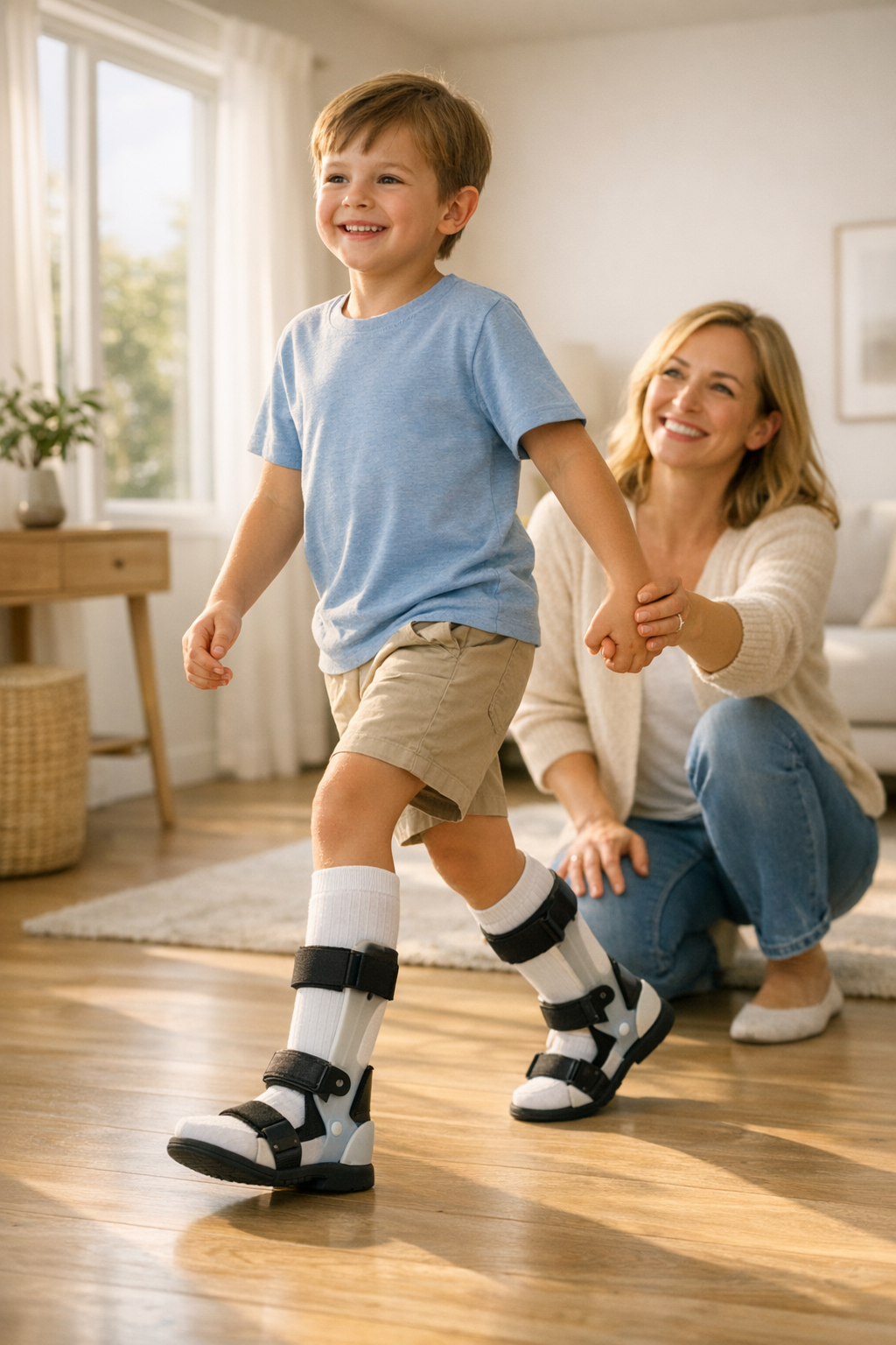 Child with leg braces walking with a woman indoors